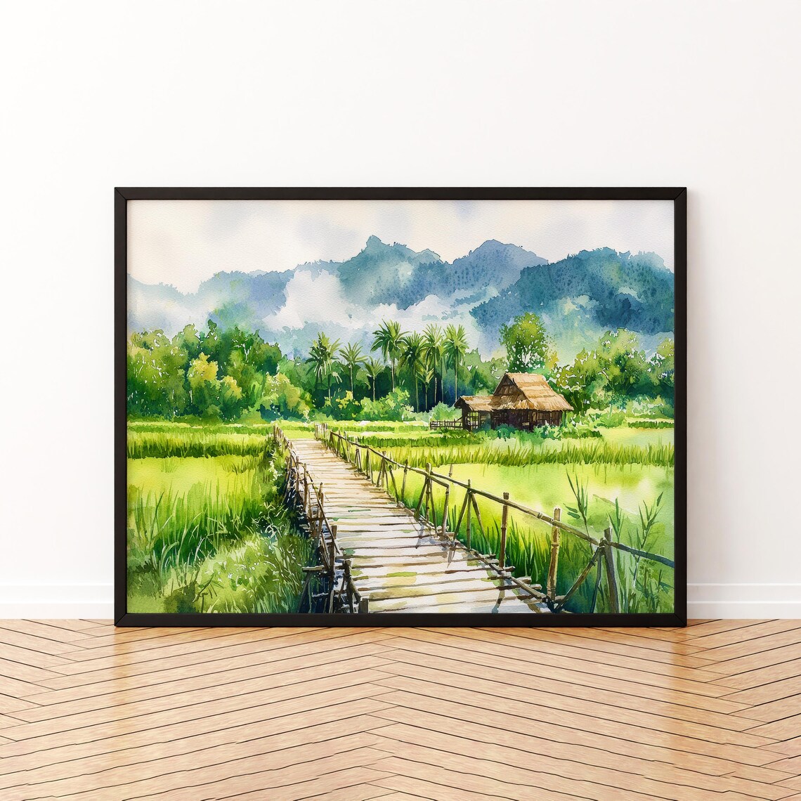 Pai Thailand Watercolor Travel Poster, Mountain Landscape