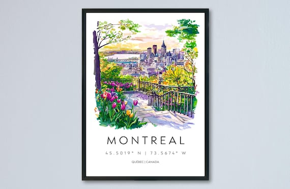 Montreal Canada Watercolor Poster Tulips Cityscape Sunset View Garden Scene