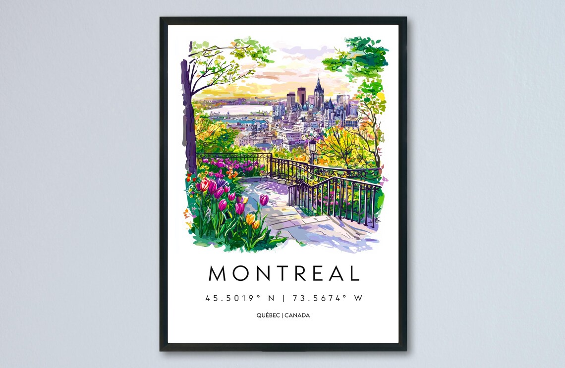 Montreal Canada Watercolor Poster Tulips Cityscape Sunset View Garden Scene