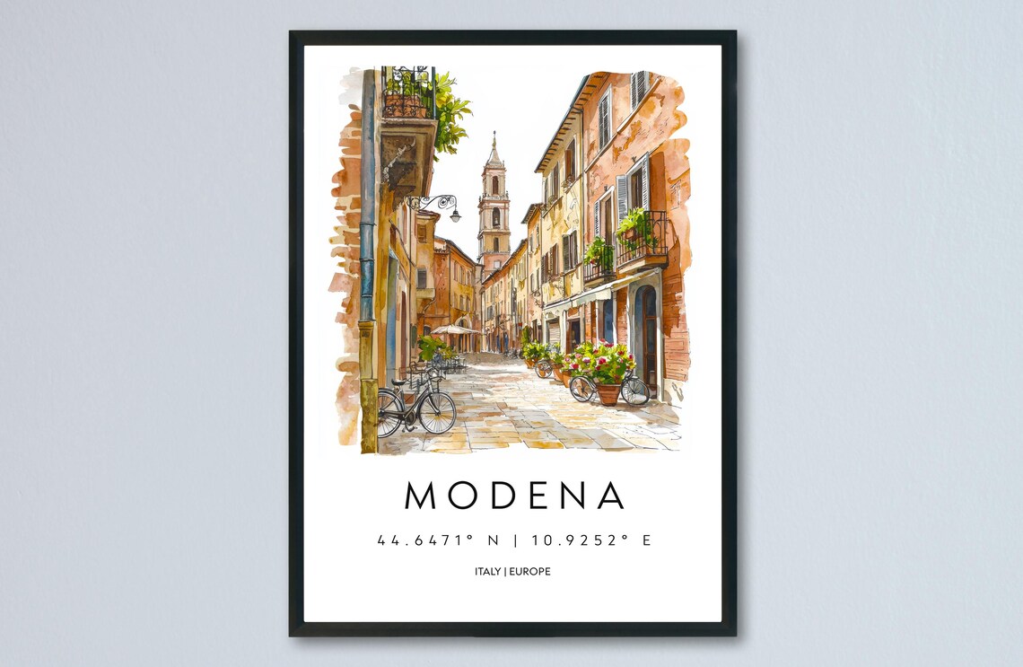 Modena Italy Watercolor Travel Poster Historic Old Town Street Scene