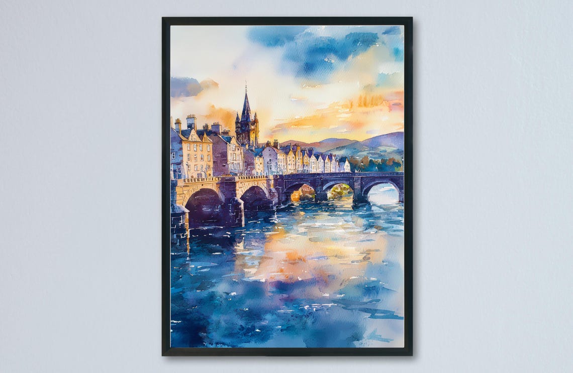 Inverness Sunset River Ness Bridge Watercolor Scotland City Poster