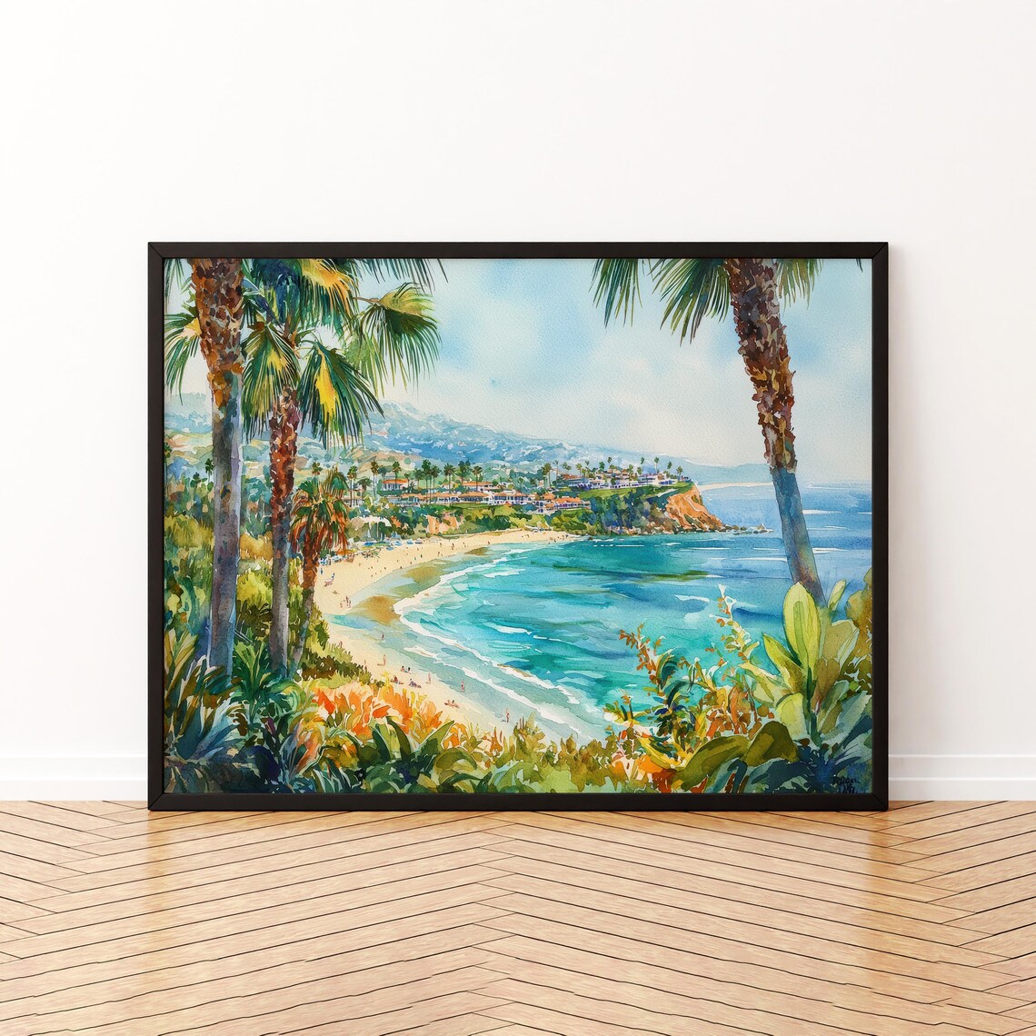 Redondo Beach California Watercolor Palm Bay Coastal City Scene Poster