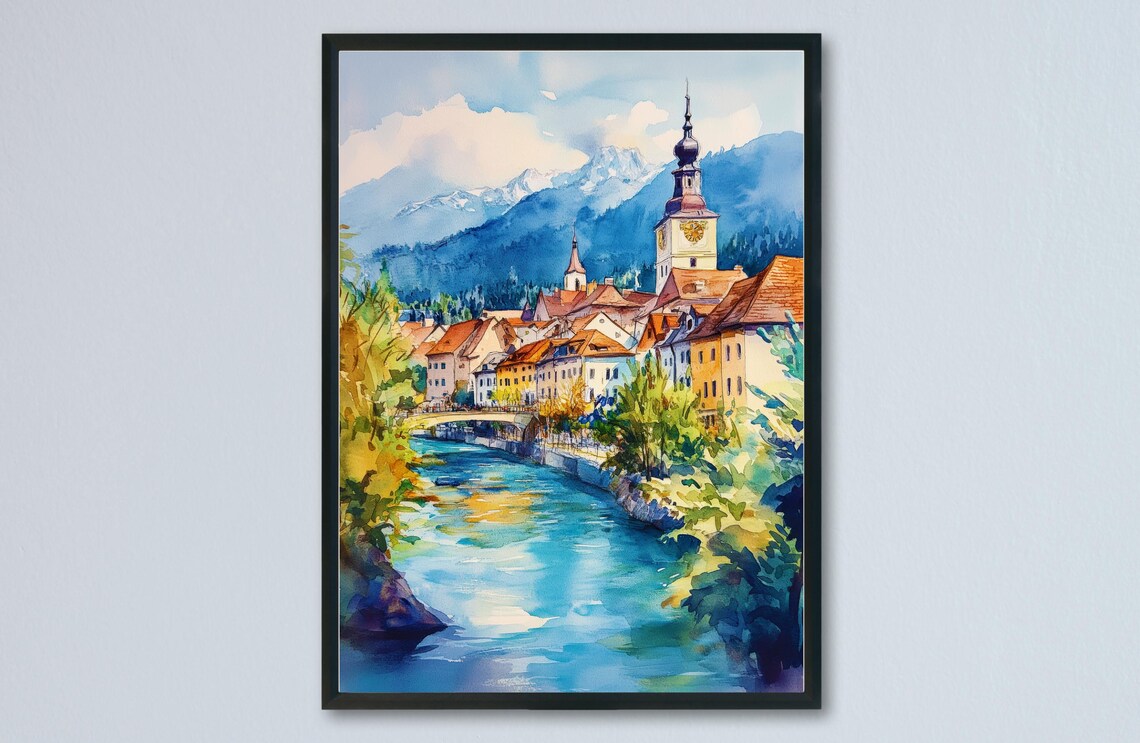 Villach Austria River Church Tower Alpine Mountains Old Town Poster