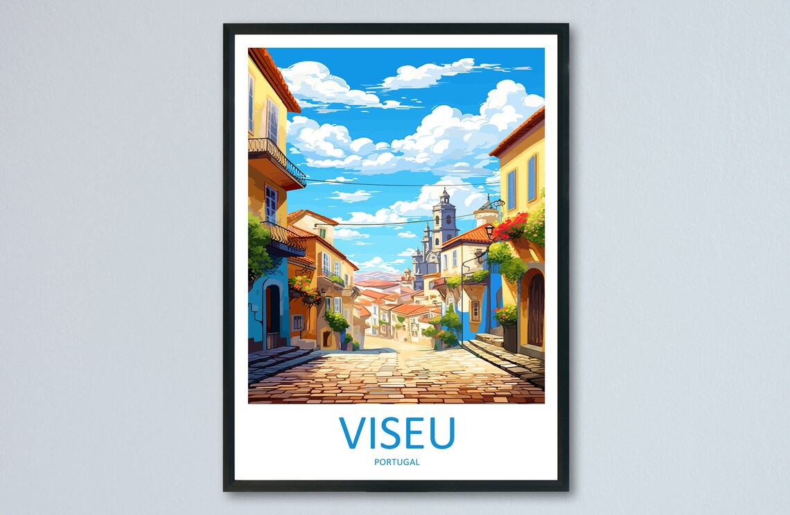 Viseu Portugal Cobblestone Street Church Tower Sunny Travel Poster