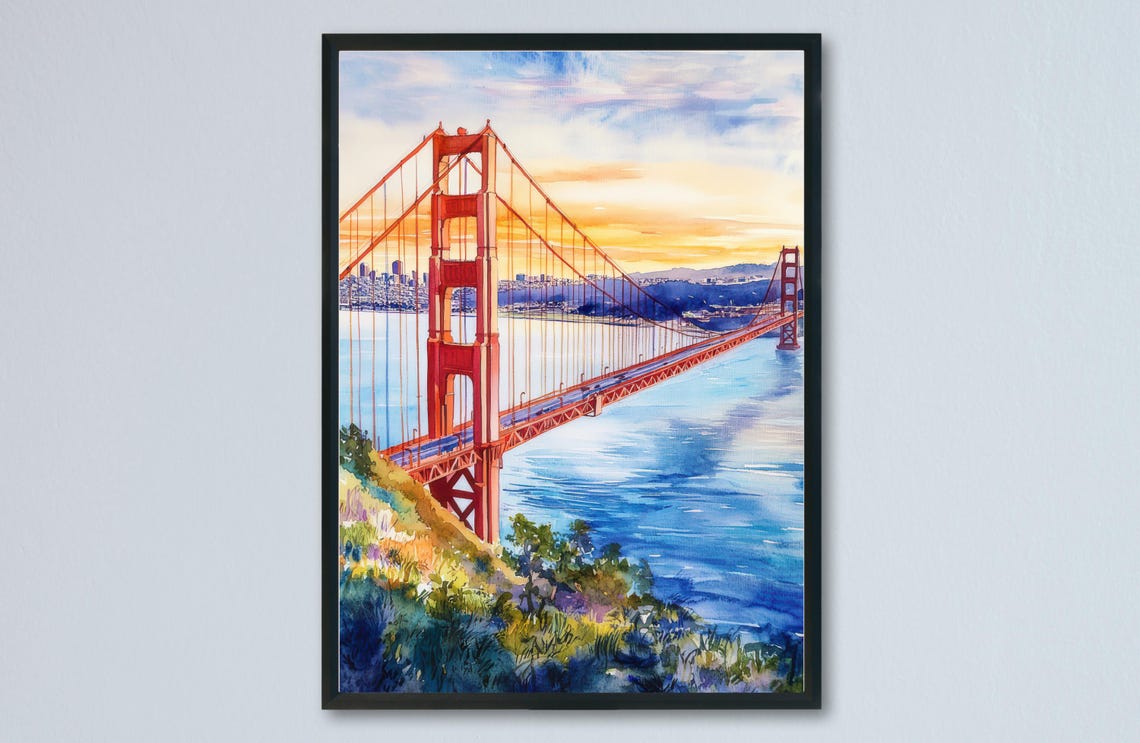 San Francisco Golden Gate Bridge Sunset Watercolor Landmark Poster