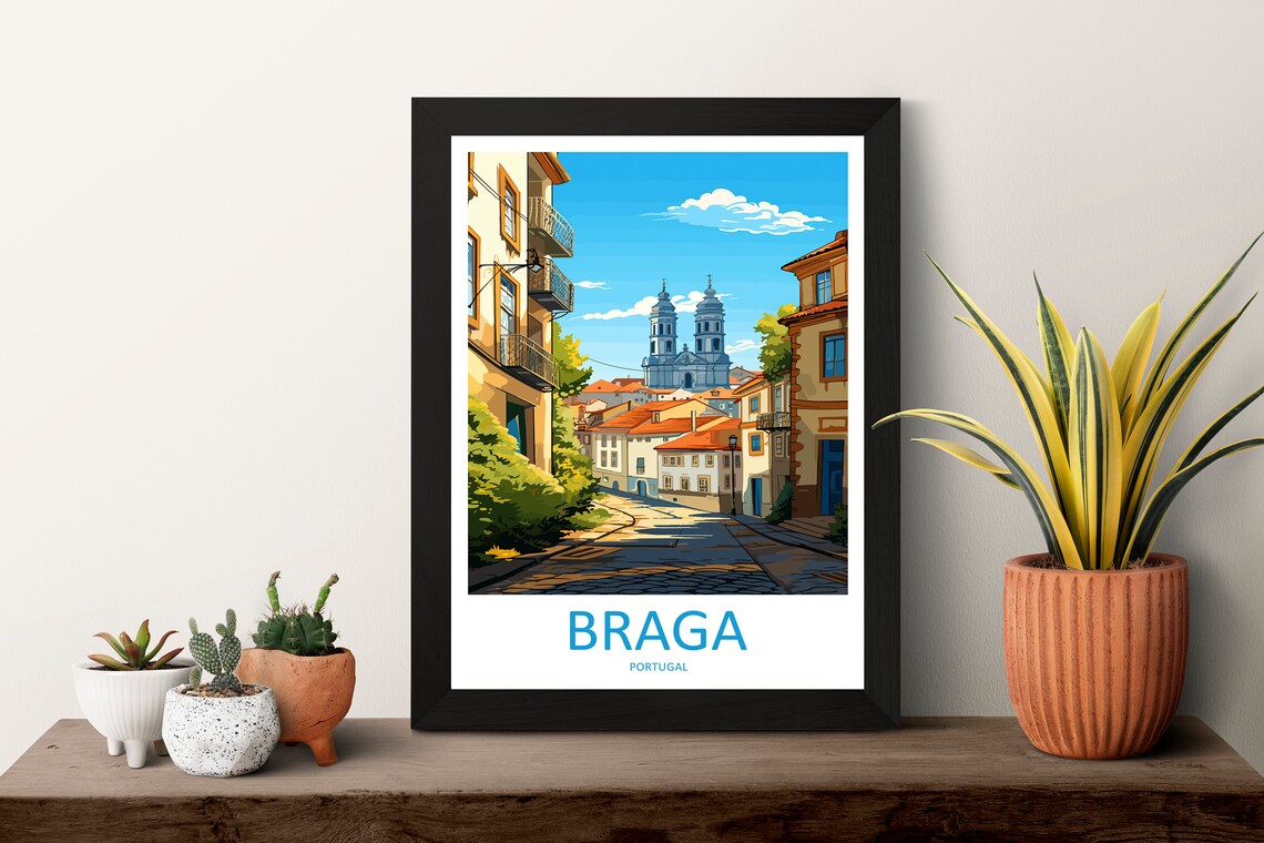 Braga Portugal Cobblestone Old Street Twin Tower Church Travel Poster - Image 3
