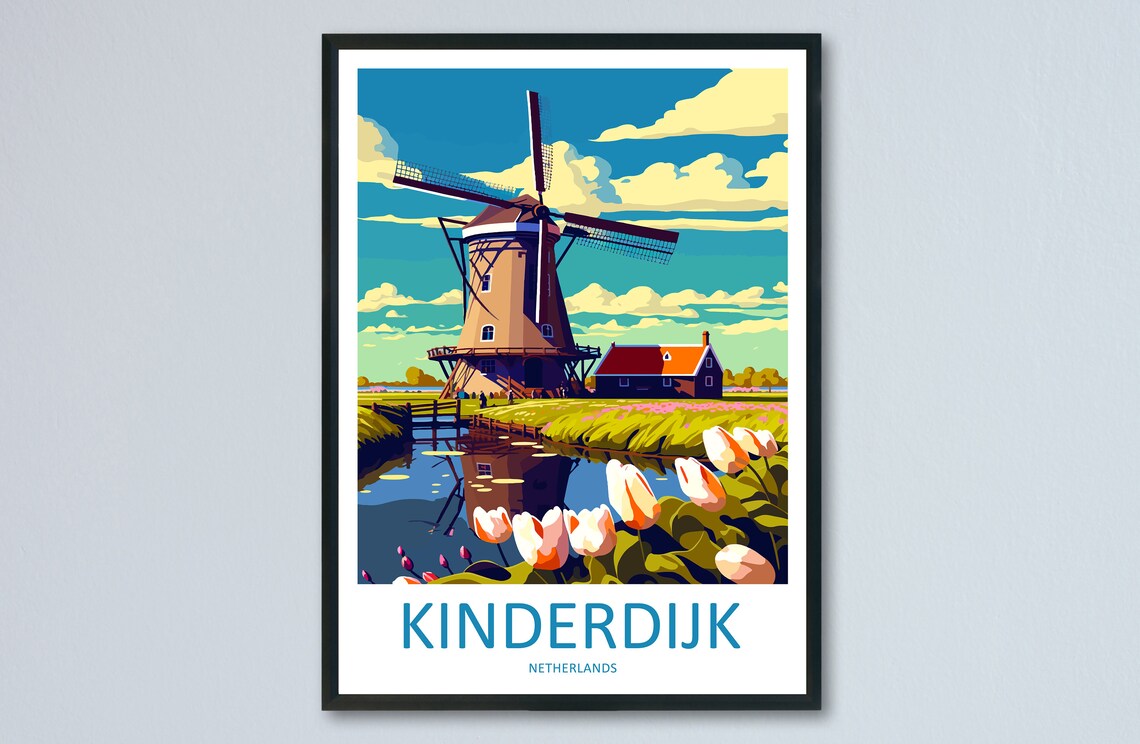 Kinderdijk Travel Poster, Netherlands Landmark