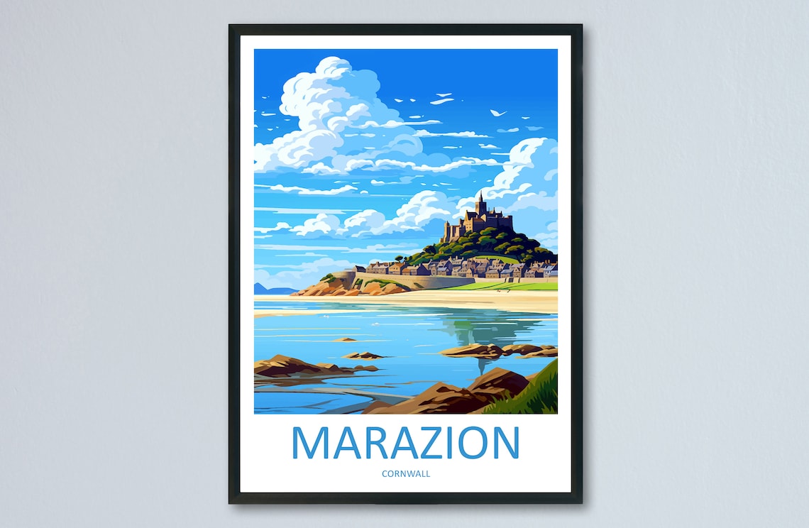 Marazion Travel Poster, Cornwall Place Print