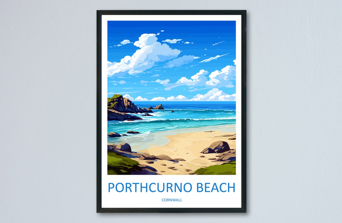 Porthcurno Beach Cornwall Rocky Headland Travel Poster Cliff View