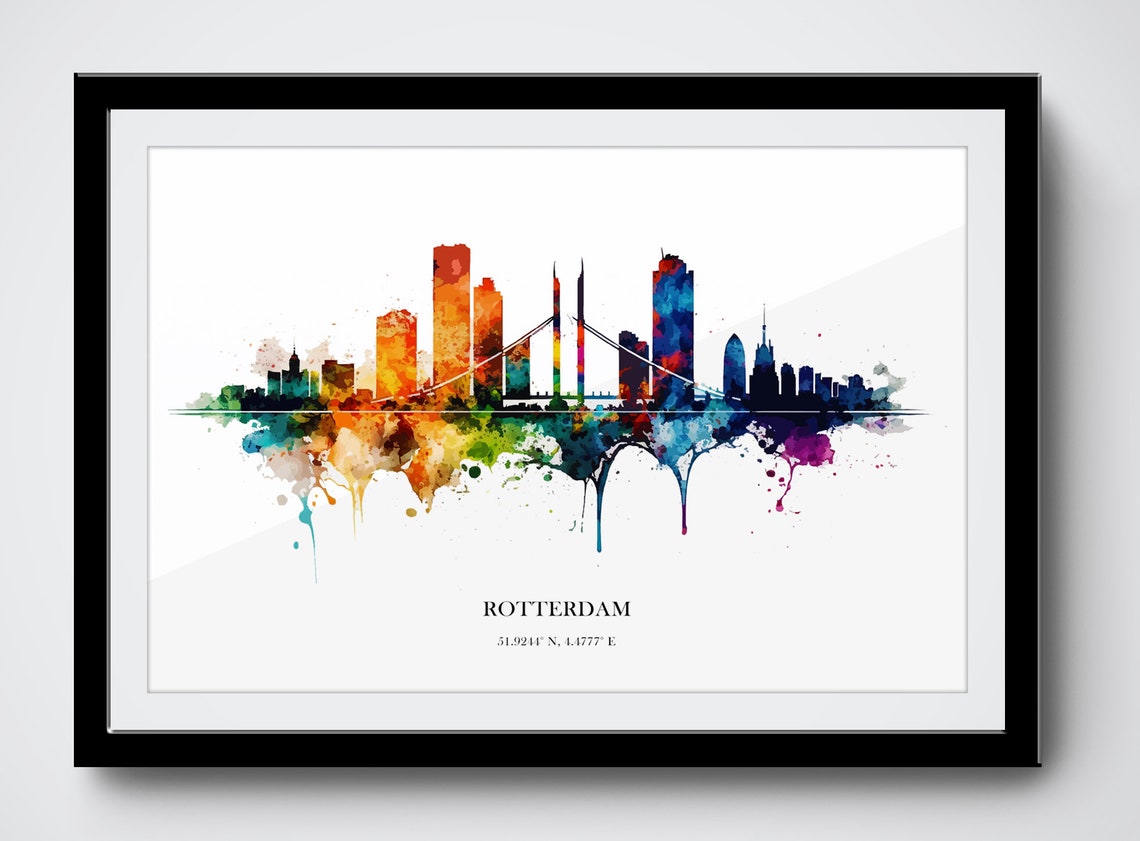 Vibrant Colorful Rotterdam Skyline Watercolor City Map Art Poster - Image 3