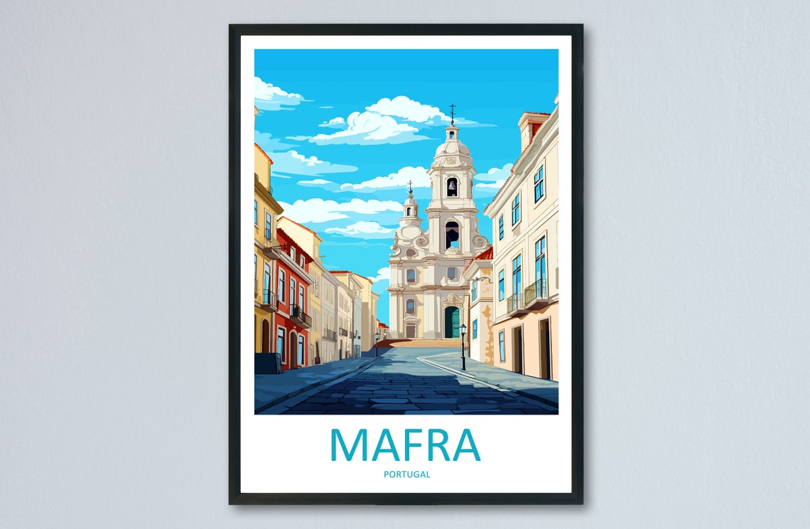 Mafra Portugal Baroque Church Cobblestone Street Travel Poster Art