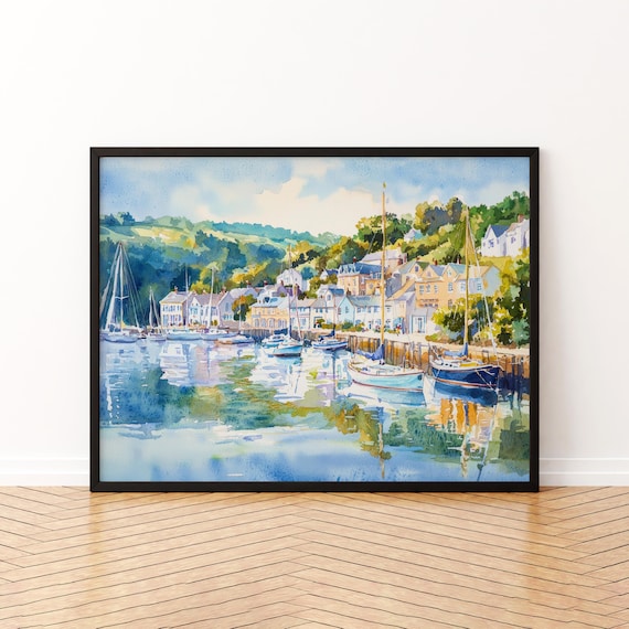 Fowey Cornwall Harbour Sailboats Watercolor Coastal Travel Print