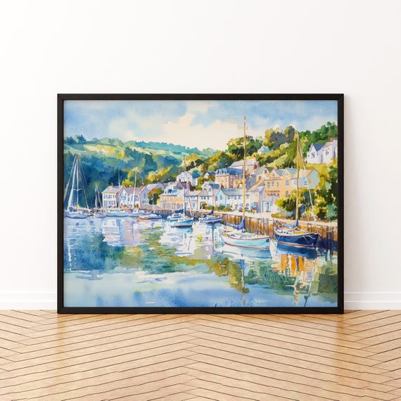 Fowey Cornwall Watercolor Poster Travel Print Harbour Town Painting Seaside Wall Art Uk Coastal Decor Souvenir