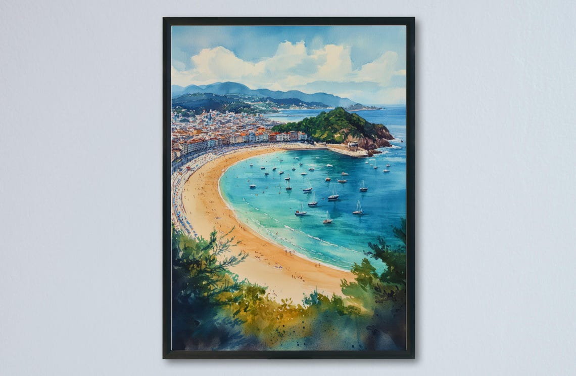 San Sebastian Watercolor Travel Poster, Spanish City Beach