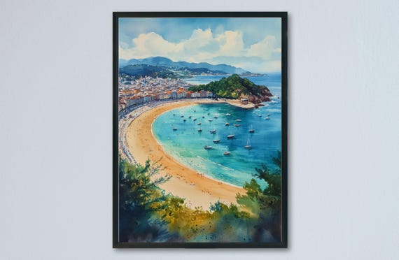 San Sebastian Watercolor Travel Poster, Spanish City Beach