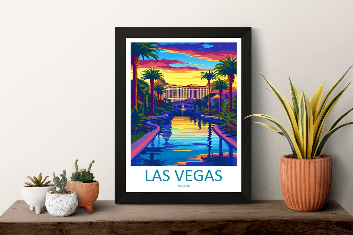Las Vegas Nevada Poster with Fountain Lake and Palms at Sunset - Image 3