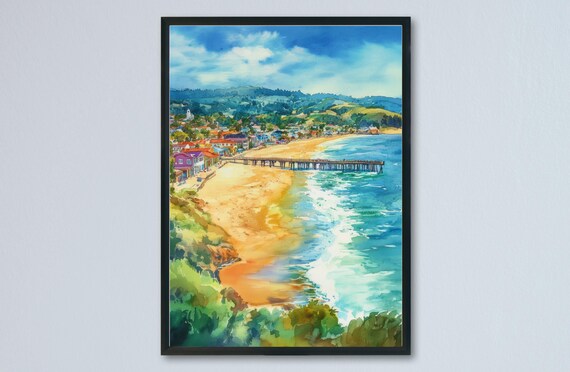 Sunny Santa Cruz Beach Pier California Watercolor Travel Poster