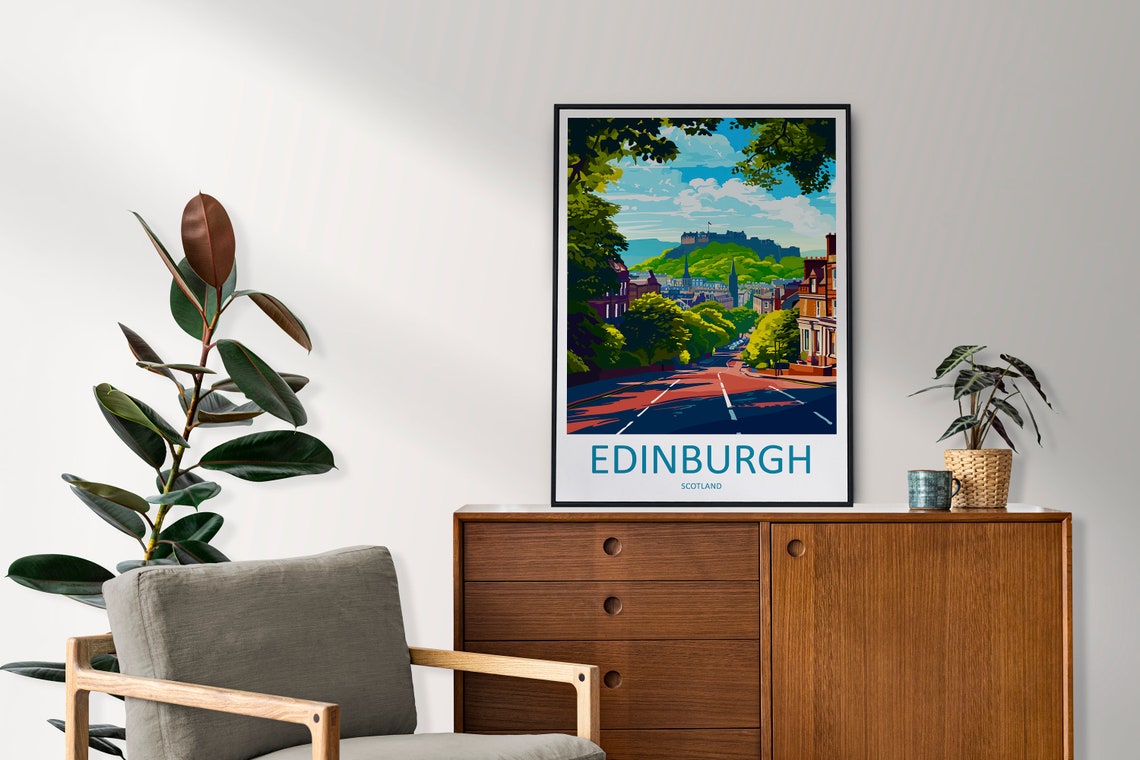 Edinburgh Daytime Castle View Down A Leafy Street Travel Poster - Image 2