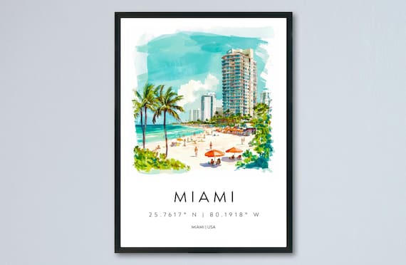 Miami Florida USA Palm Beach Skyline Watercolor Travel Poster