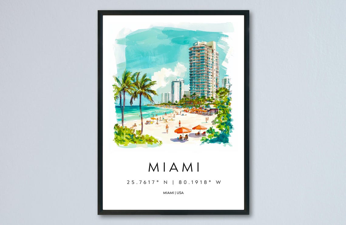 Miami Florida USA Palm Beach Skyline Watercolor Travel Poster