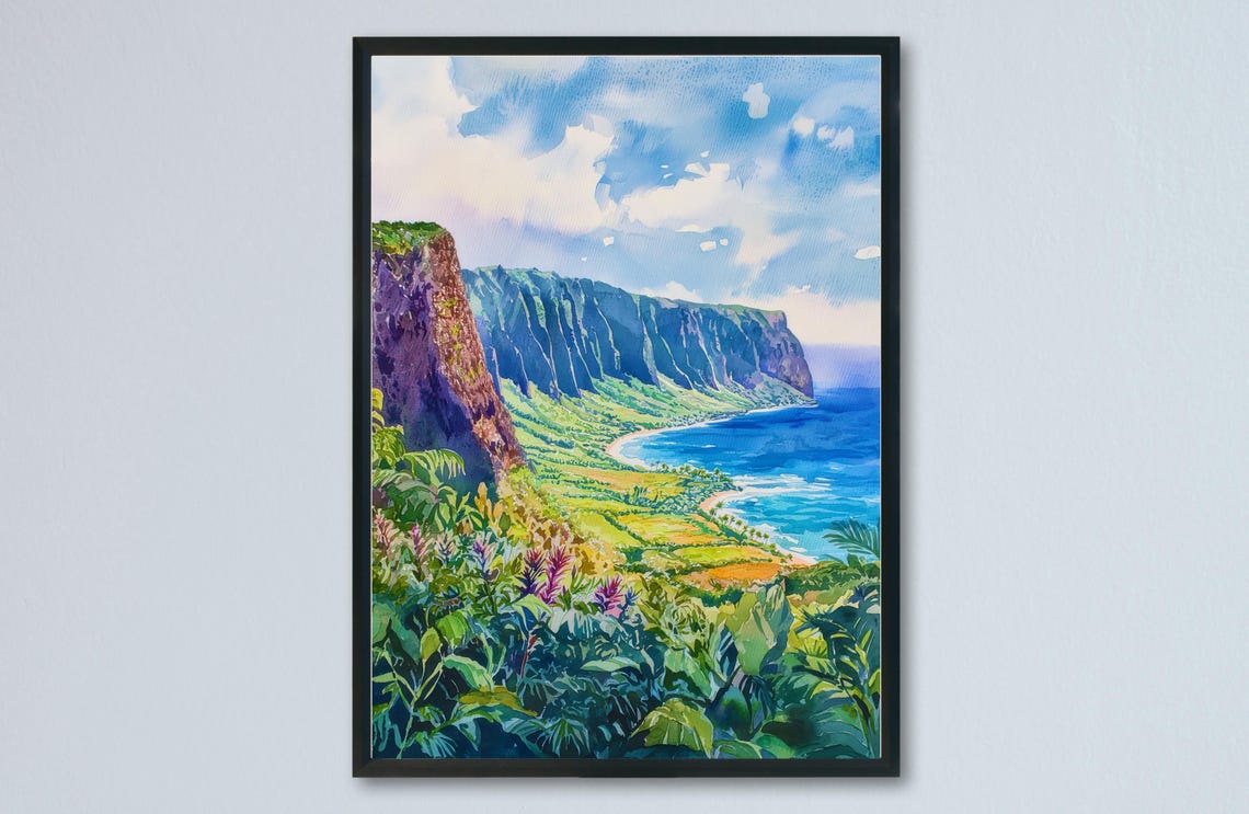 Towering Green Sea Cliffs Over Turquoise Coast Waters Poster