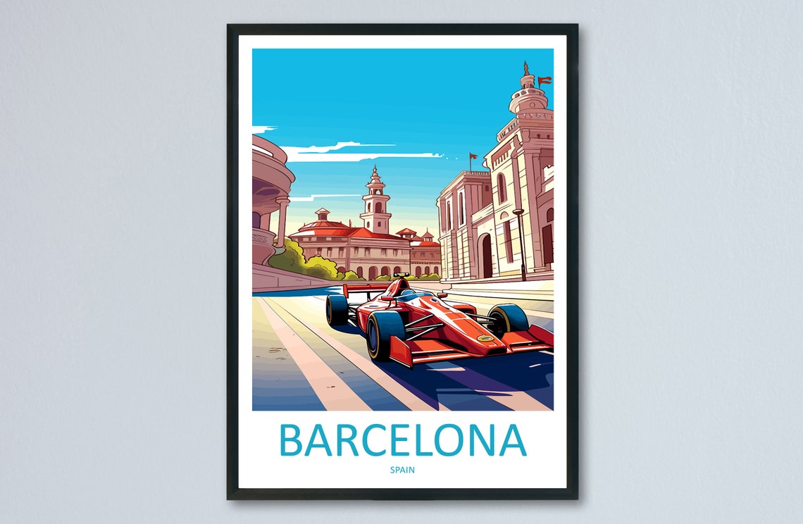 Barcelona Spain Race Car Speeding Through the City Streets Poster