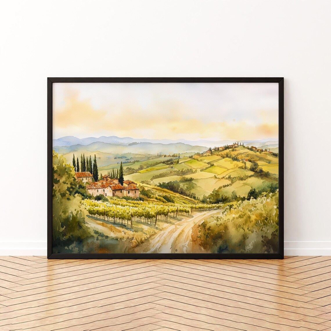Tuscany Italy Vineyard Hills Farmhouse Watercolor Countryside Poster