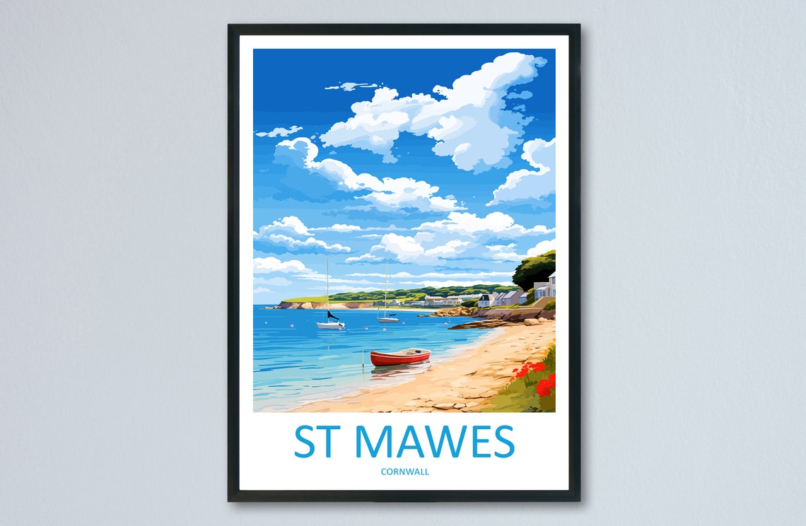 St Mawes Cornwall Harbor Beach Red Rowboat Sailing Travel Poster