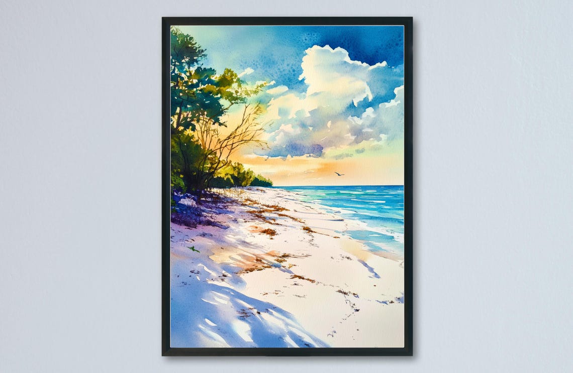 Secluded Beach Cove Trees Seagull Watercolor Seascape Poster