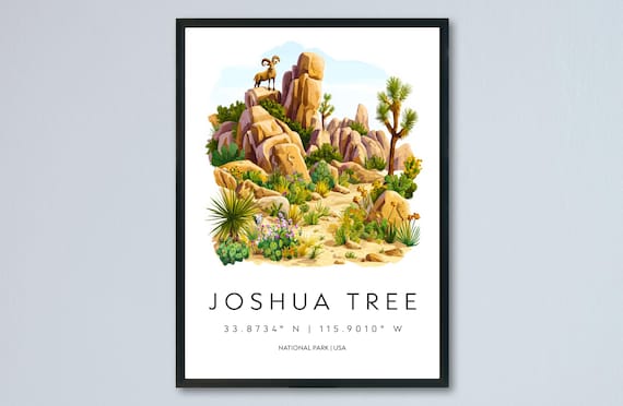 Joshua Tree Watercolor Bighorn Sheep Rocks Desert Blooms National Park Poster