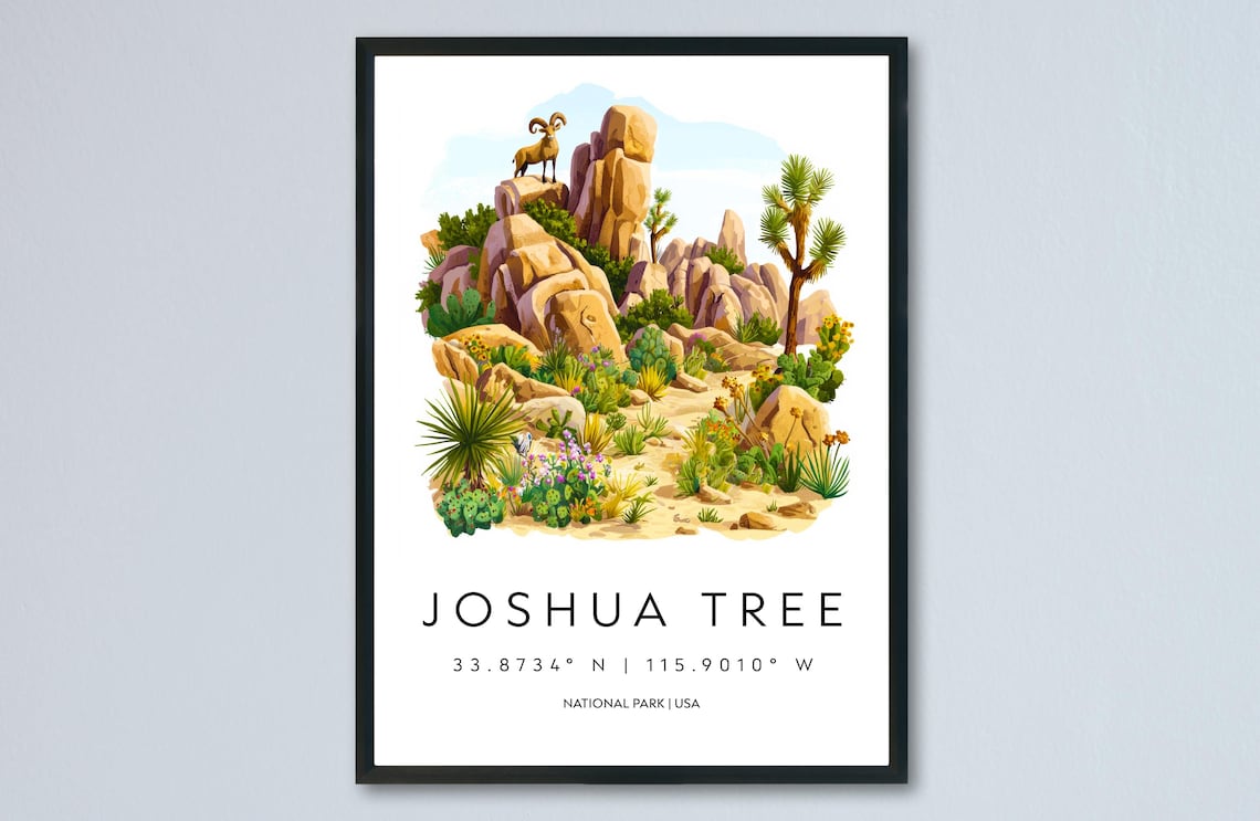Joshua Tree Watercolor Bighorn Sheep Rocks Desert Blooms National Park Poster