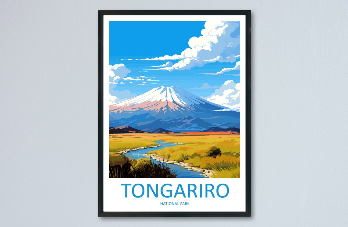 Tongariro National Park New Zealand Volcano Meadow Vintage Poster