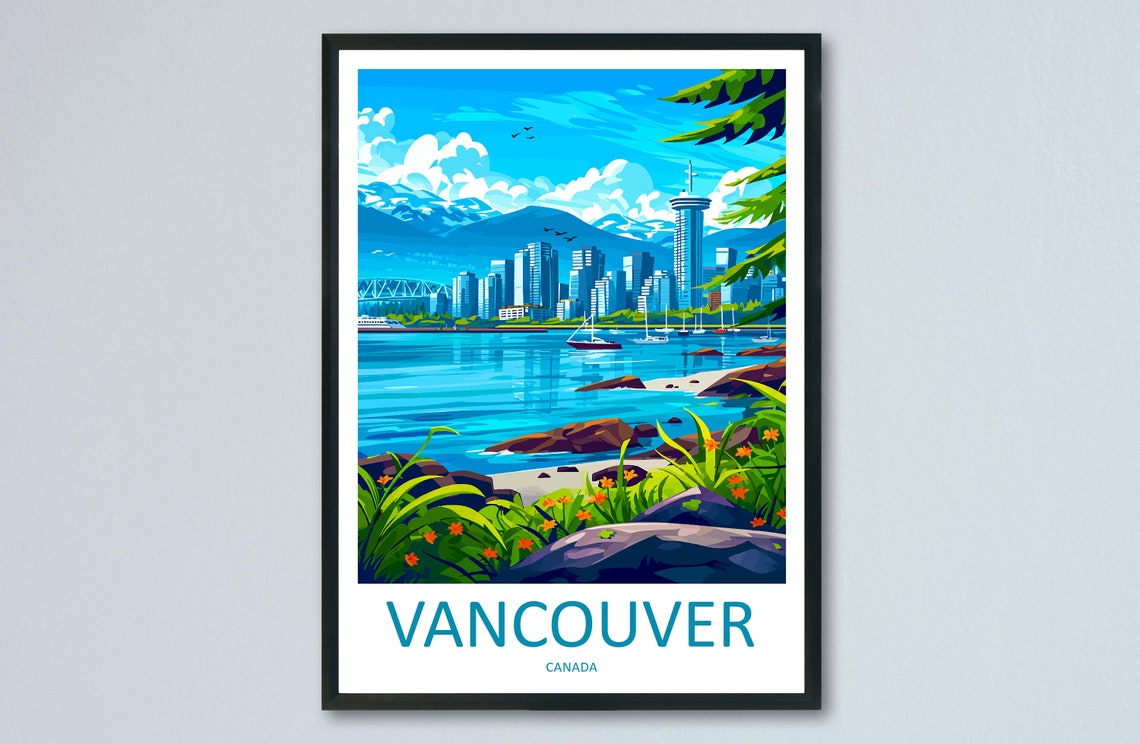 Vancouver Canada Harbor Skyline Mountain Waterfront Travel Poster