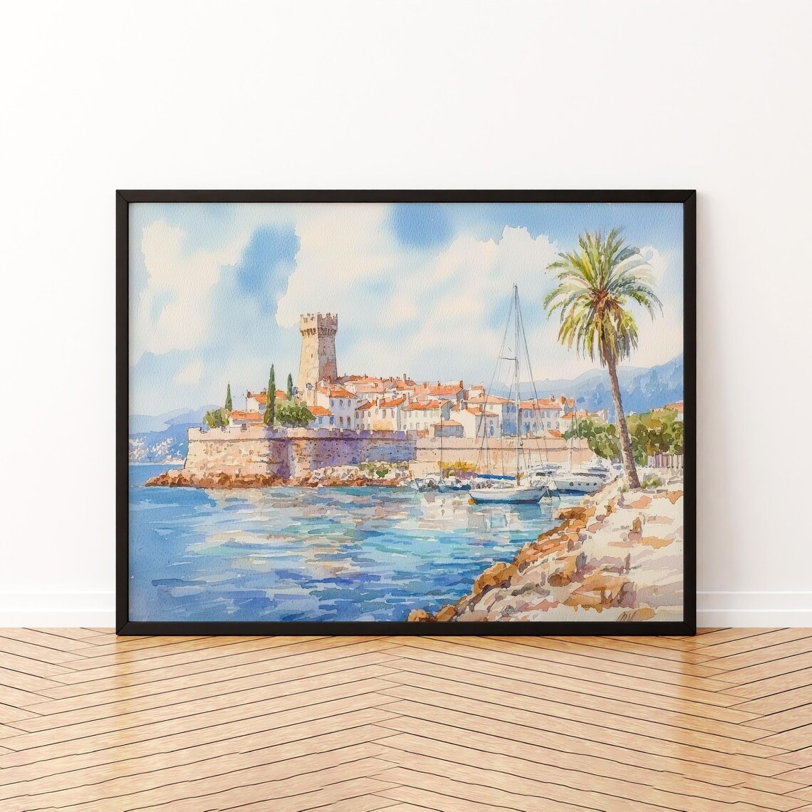 Antibes France Riviera Harbor Fortress Tower Palm Watercolor Poster