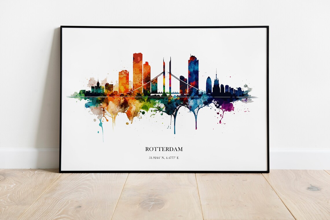 Vibrant Colorful Rotterdam Skyline Watercolor City Map Art Poster
