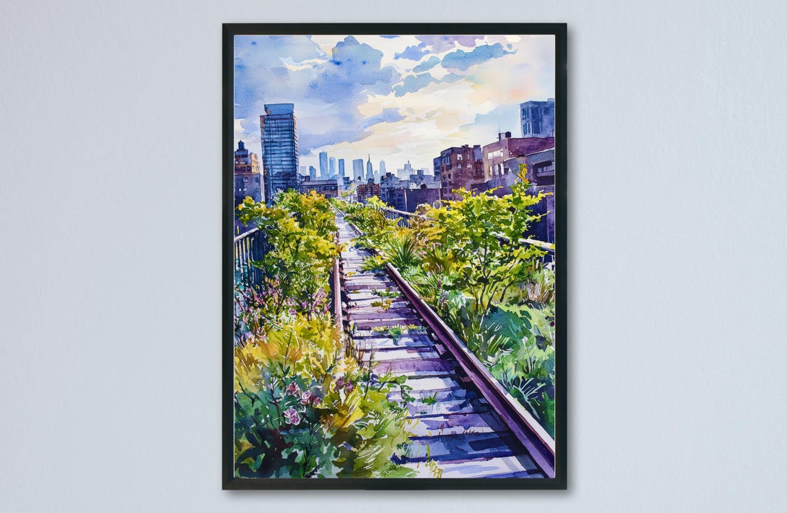High Line Elevated Park Rail Tracks Skyline Watercolor Poster