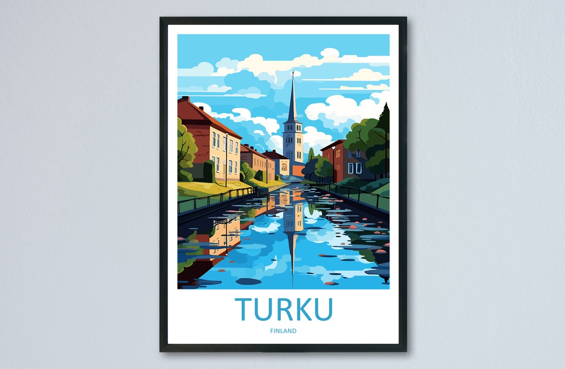 Turku Finland Cathedral Spire River Reflection Scenic Travel Poster