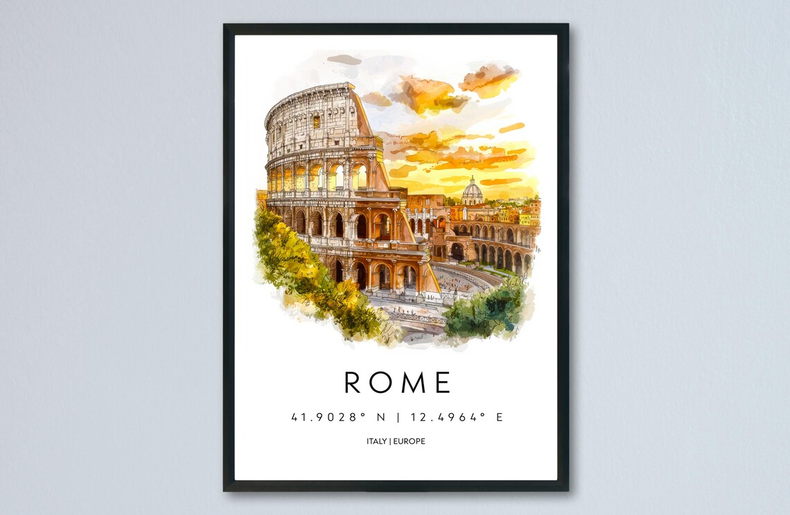 Rome Colosseum Sunset Watercolor Italian Travel Landmark Poster