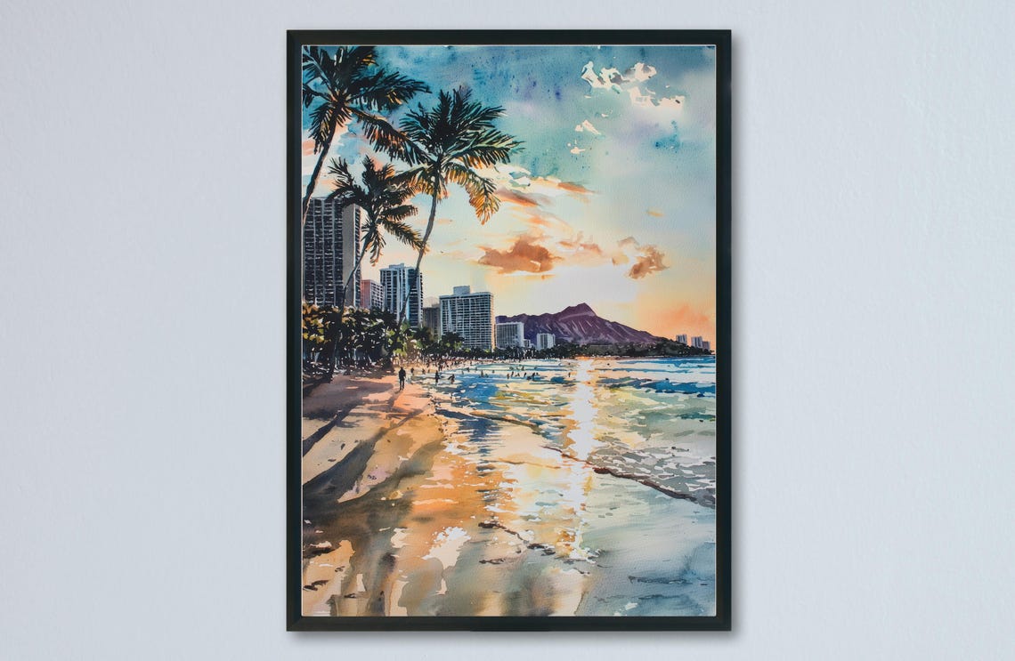 Waikiki Beach Sunset Palms Diamond Head Watercolor Beautiful Poster