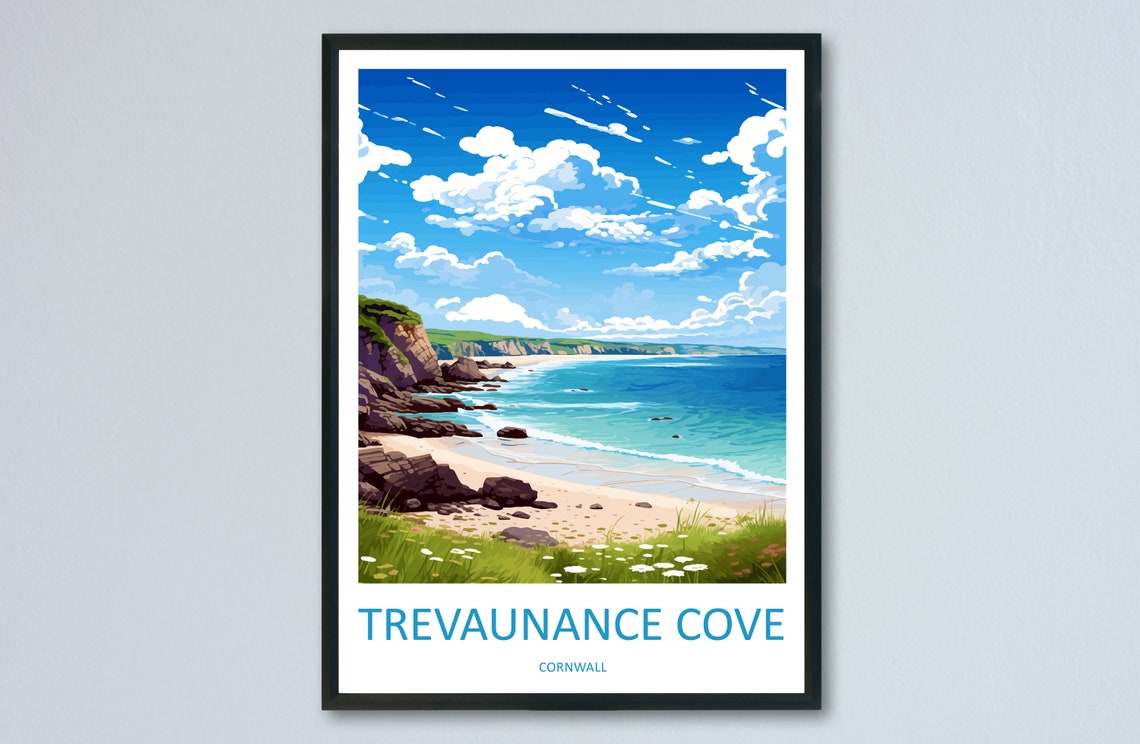 Trevaunance Cove Cornwall Rocky Shoreline Coastal Travel Poster