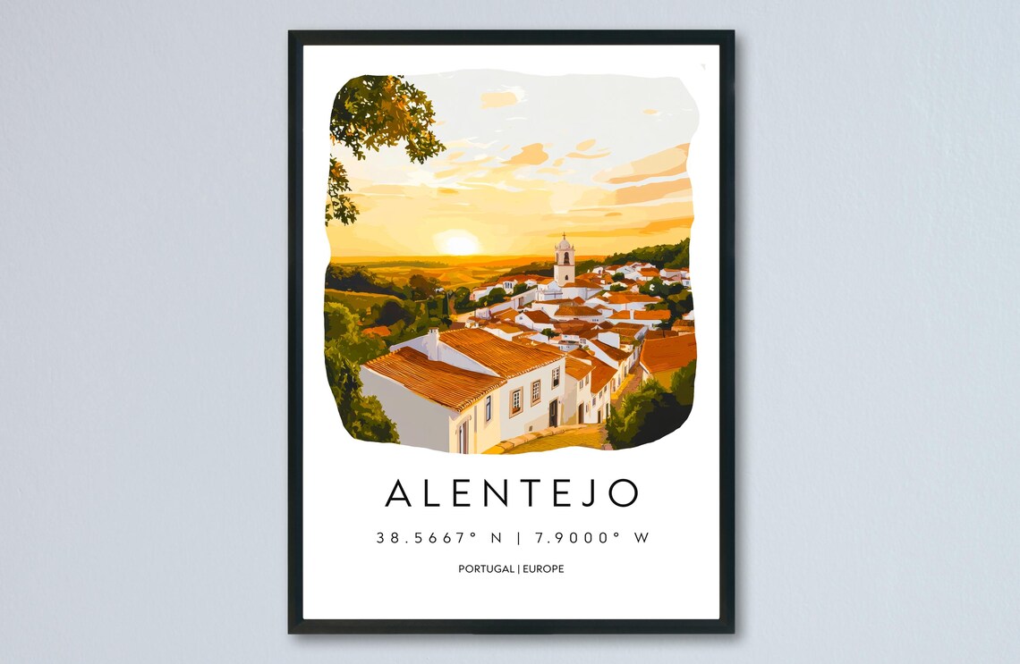 Alentejo Portugal White Village Sunset Watercolor Travel Poster