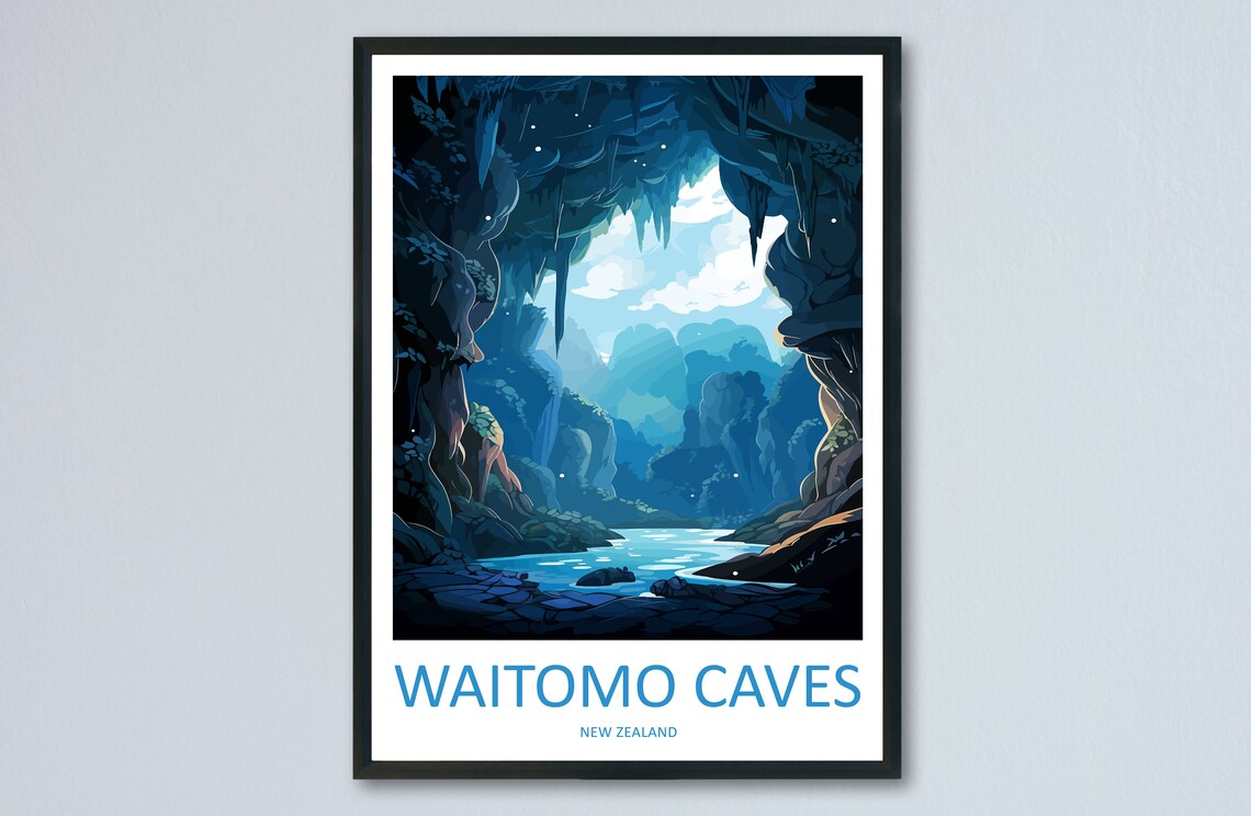 Waitomo Caves New Zealand Underground River Cave Illustration Poster