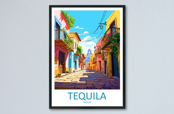 Tequila Mexico Colorful Cobblestone Street Balconies Vintage Travel Poster