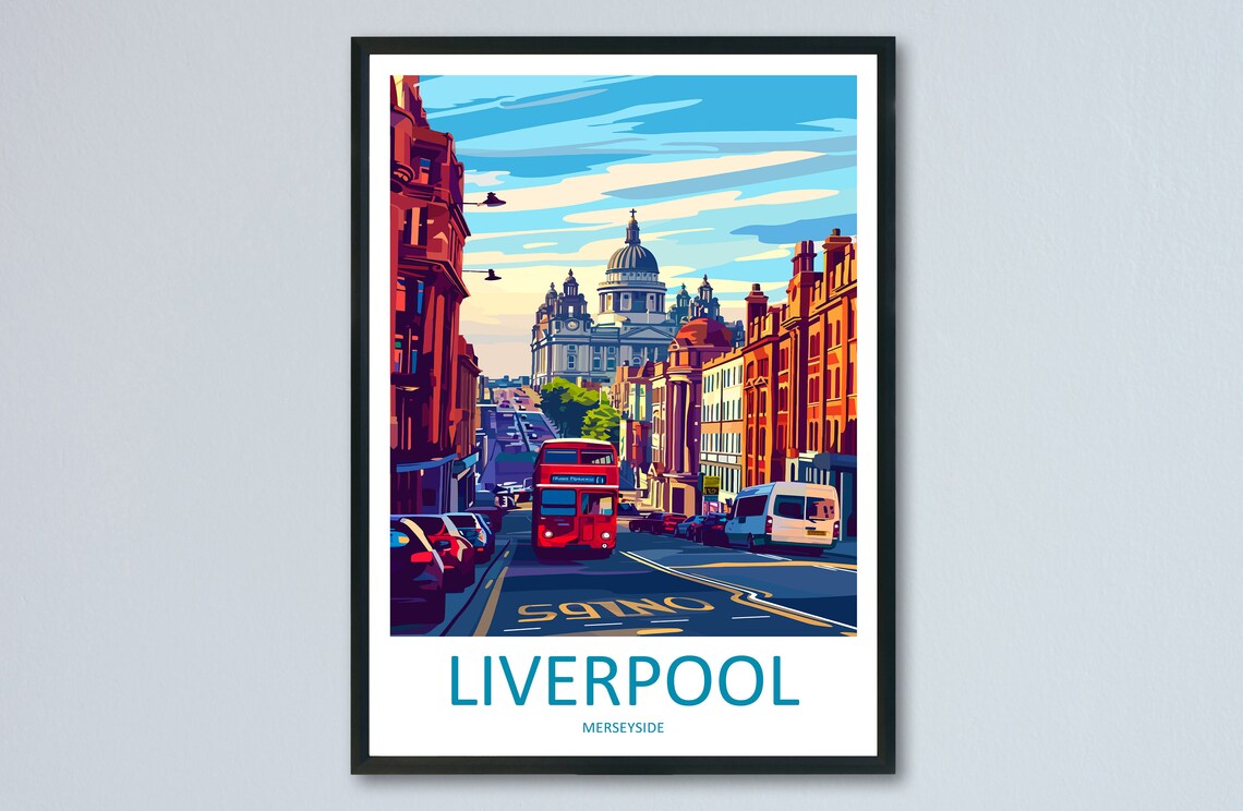 Liverpool Street Red Bus Merseyside England City Travel Poster