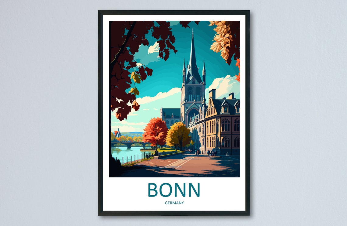 Bonn Germany Autumn Riverside Cathedral Street View Travel Poster