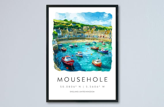 Mousehole England Harbor Fishing Boats Watercolor Travel Poster