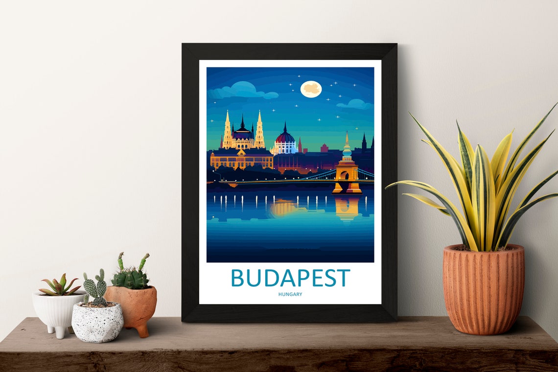Budapest Hungary Parliament and Bridge Moonlit Night Skyline Poster - Image 3