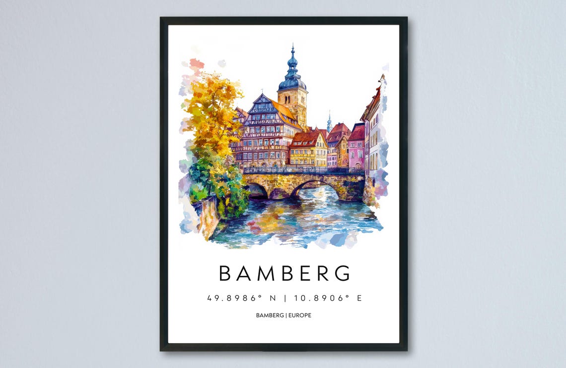 Bamberg Watercolor Germany River Bridge Old Town Travel Poster