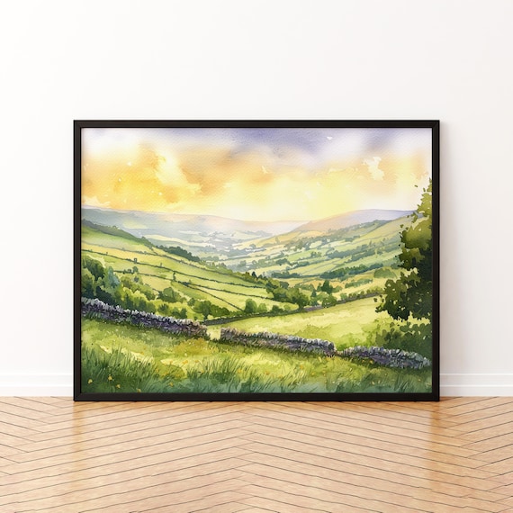North Pennines England Watercolor Poster Valley Stone Walls Sunrise Decor