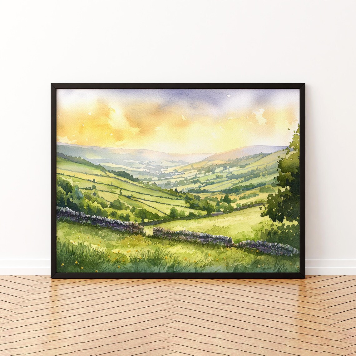 North Pennines England Watercolor Poster Valley Stone Walls Sunrise Decor